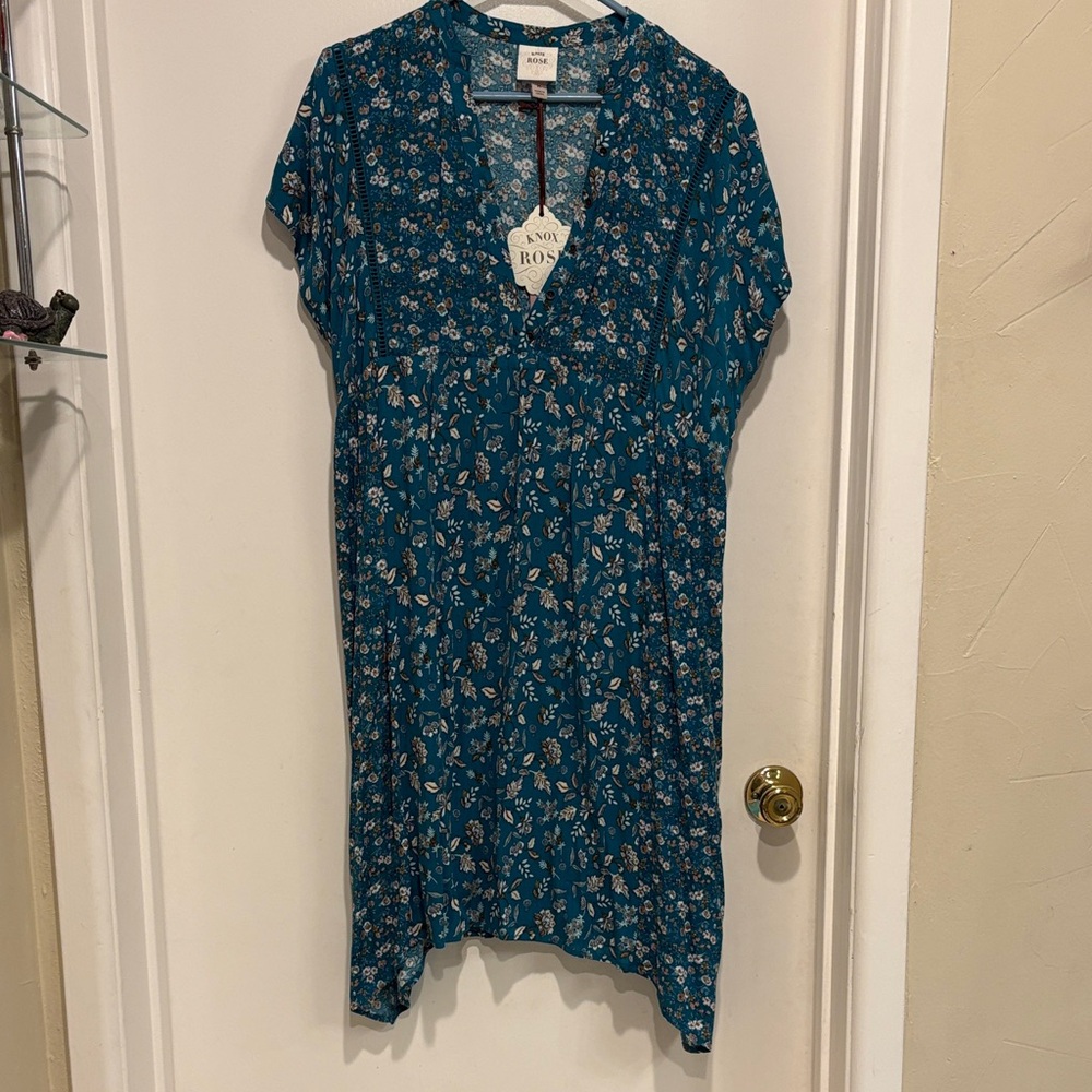 Knox Rose Teal Floral V-Neck Dress size Medium